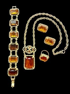 VTG 1970 Sarah Coventry Wild Honey Amber Glass Massive 5Pc Jewelry Set Parure